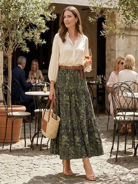 NWT S DEER  Charcoal & Green Floral Damask Tiered A-Line Maxi Skirt Size Large